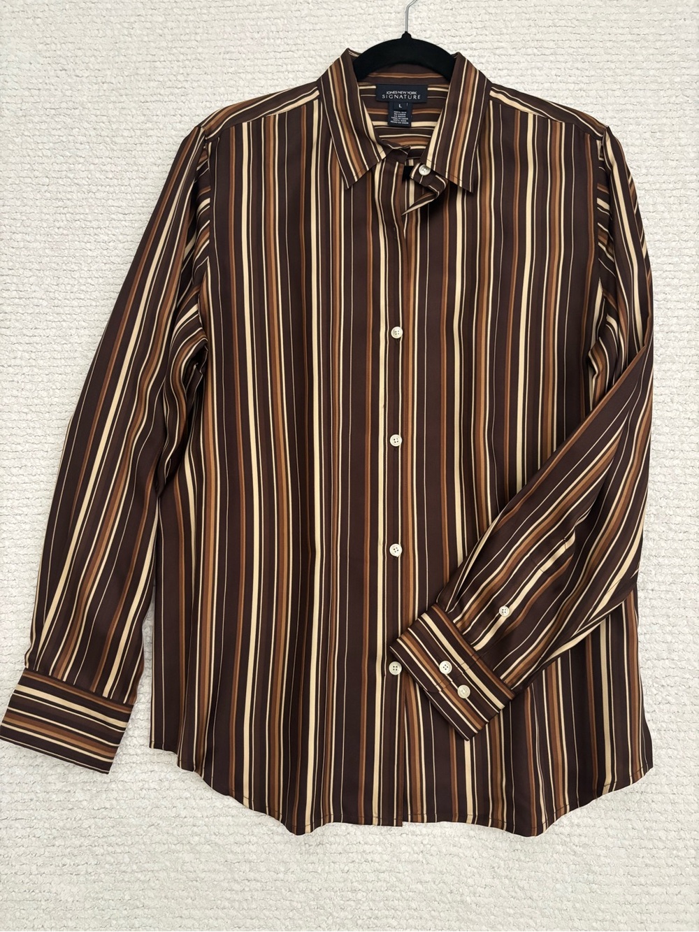 JONES NEW YORK 100% Silk Brown & Cream Vertical Stripe Button-Down Shirt